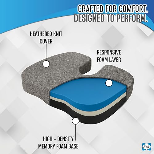 Sealy Memory Foam Seat Cushion for Car and Office Chairs Tailbone Pain Relief, Posture Support, and Comfort for Home Office Use