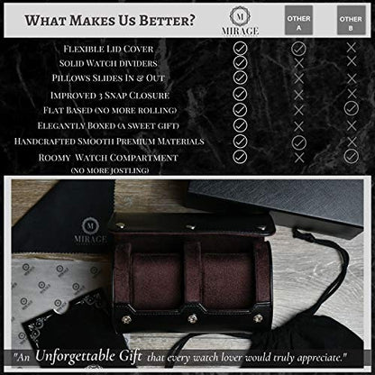 2 Watch Case for Men - Watch Roll Travel Case - Jade Black Motif Vegan Leather - color: Jade Black 2-watch case