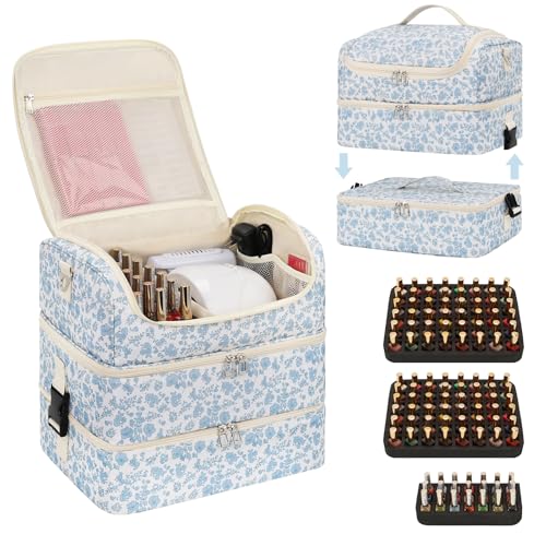 Extra Large Nail Polish Organizer - Three Layer Nail Organizers And Storage Bag, Portable Nail Supplies Organizer Case, Nail Tech Kit Travel Carrying Box with Shoulder Strap (Floral Blue, 117 Slots) - color: Floral Blue, size: 117 Slots