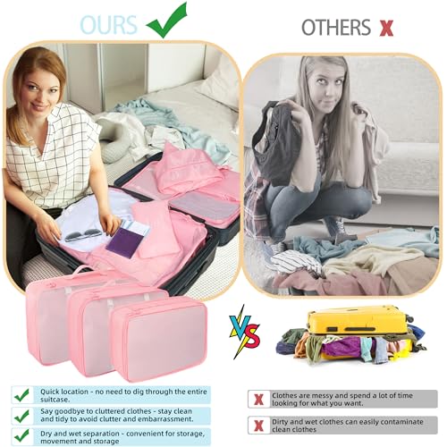10 Pcs Set Packing Cubes - Travel Packing Organizers, Expandable Suitcase Organizer, Luggage Organizer Bags - color: PINK