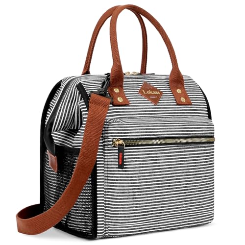 LOKASS Lunch Bag Insulated Lunch Box Wide-Open Lunch Tote Bag with Removable Shoulder Strap for Women/Men Adults Work Picnic Beach Travel(Stripes) - color: Thin Stripe