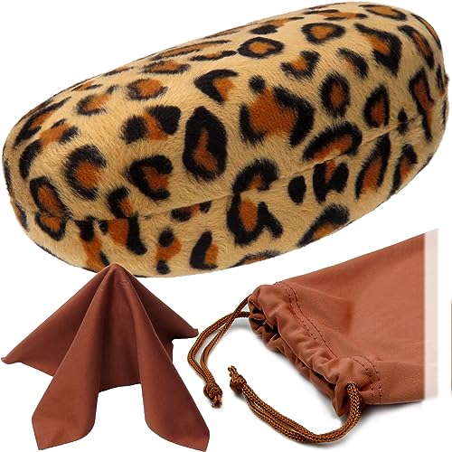 MyEyeglassCase® Large Hard Sunglasses Case | fits Large curved Sunglasses, with microfiber bag and cleaning cloth - color: Leopard Brown2