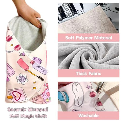Self-Adhesive Magic Cloth Makeup Bag & Multi-Use Organizer|17.7"x17.7" Portable Travel Cosmetic Bag, Camera Lens Protector, Laptop Sleeve|Beauty Cuties Design Reusable Washable Storage Wrap - size: 17.7''x 17.7", style: Beauty Cuties