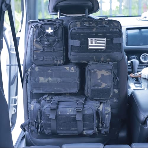 Universal Tactical Car Seat Back Organizer Bag Tactical Molle Vehicle Organizers Panel Vehicle Protector Organizers with 5 Detachable Pouches for Car Truck Ford Jeep (Upgraded C model Black camo) - color: Upgraded C model Black camo