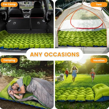 2 Pack Ultralight 4-Inch Camping Sleeping Pad with Built-in Foot Pump, Inflatable Mat for Side Sleepers, Stays Inflated Overnight, Compact for Festivals, Backpacking & Car Camping - color: Green/Blue + Blue