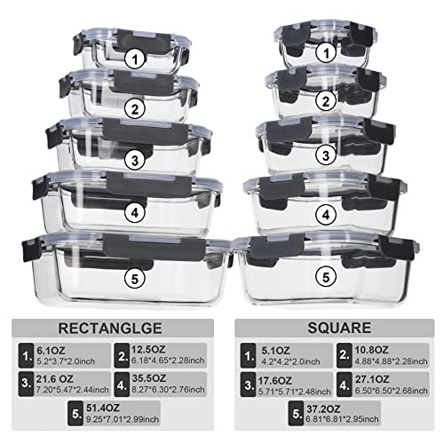 coccot Glass Food Storage Containers with Lids Airtight, Glass Meal Prep Containers for Lunch Food, Container Set, Easy to Open& Close/Microwave,Oven,Freezer,Dishwasher Safe/Leak-Proof（20 Pieces） - color: clear