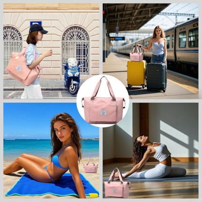Large Capacity Foldable Travel Bag, Expandable lightweight Carry on Bag, Dry with Wet Separation Spor Duffel Bags (Sweet Powder) - color: Sweet Powder