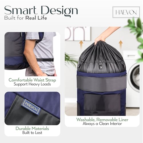 HAEVON Laundry Backpack - 131L Heavy Duty Laundry Bag with Padded Shoulder & Waist Straps, Removable Liner - College, Dorm, Apartment, Travel, Outdoor - Big Laundry Bag for Easy Carrying (Blue Black) - color: Navy Blue and Black