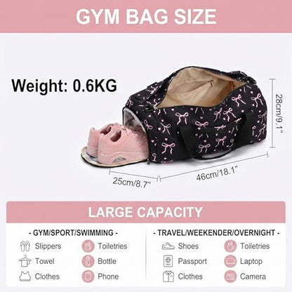 Gym Bag Sports Duffle Bag with Wet Pocket Weekender Overnight Bags with Waterproof Shoe Pouch and Air Hole for Girls Kids Women Workout Travel Bags (Bow Tie Black) - color: Bow Tie Black