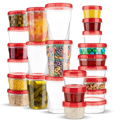 PLASTICPRO 24 Pack Twist Top Containers Assorted Sizes Plastic Food Storage Containers with Red Twist on Lids Stackable Reusable - color: RED