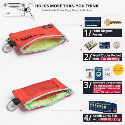 RFID Blocking Travel Wallet with Adjustable Lanyard, Small Nylon Zipper Pouch and Badge Holder for ID, Credit Cards, Cash, Keys, Commuters (Blazing Orange) - color: Blazing Orange