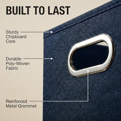 Household Essentials Fabric Storage Bins 6 Piece Set, Strong Poly-Woven Fabric, Sturdy Chipboard Sides, Grommet Front Handle, Stackable and Foldable, Classic Design, Navy - color: Navy, size: 11” L x 11” W x 11” H