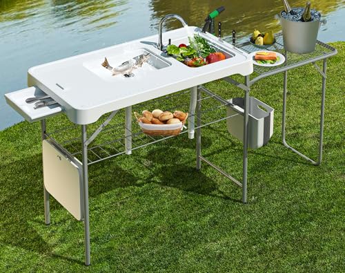 42.5" Fish Cleaning Table with Dual Sink, Portable Folding Camping Table with Foldable Extension Stand, Faucet, Sprayer, Grid Rack, Hose Hook Up & Knife Groove, Outdoor Sink Station for Picnic - style: Fish cleaning table with extension stand