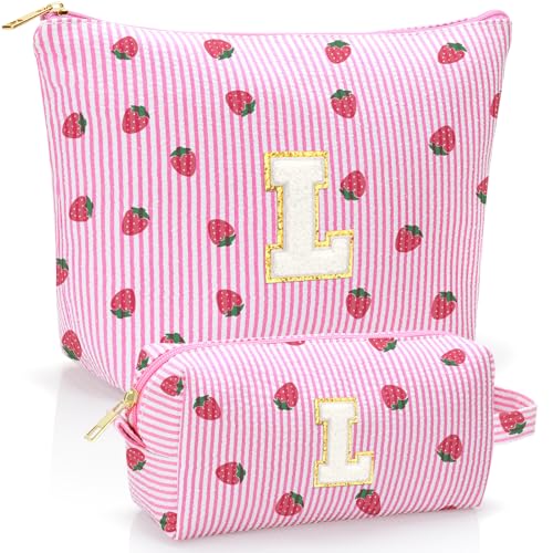 Personalized Initial Makeup Bag,Strawberry Print Preppy Cosmetic Toiletry Travel Bag,Trendy Letter Makeup Pouch for Teen Girls and Women,Holiday & Birthday Gift,2 Pack (L, Pink Strawberry) - style: L