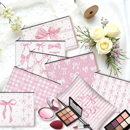 30 Pcs Pink Bow Makeup Bags Coquette Cosmetic Zipper Pouches with Elegant Pink Bow Makeup Bag Bulk Canvas Cosmetic Travel Toiletry Pouch for Women Bridesmaids Wedding Favors - style: Pink Bow