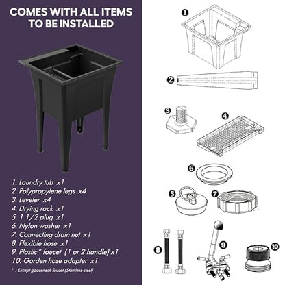 Freestanding Utility Sink with Two Handle Chrome Faucet - 24" Plastic Utility Sink for Garage, Laundry, Indoor and Oudoor Use - Laundry Tub Kit by Noah William Home - Black (19.5 gal) - color: Black - Two handle chrome faucet