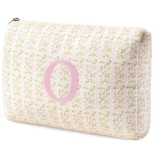 HBselect Initial Quilted Makeup Bag, Pink Cosmetic Travel Toiletry Bag, Flowers Coquette Zipper Make Up Pouch Organizer Teen Girl Gift Trendy Stuff O - color: 1Pc Medium Pinkflower, style: O