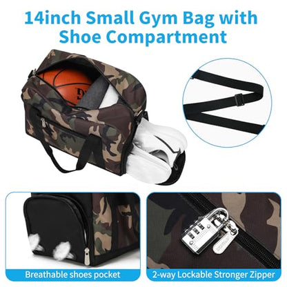 Apenze Small Gym Bag 14 inch lightweight Carry On Mini Duffel Bag with Shoe Compartment for Travel Sport - Camouflage - color: Camouflage