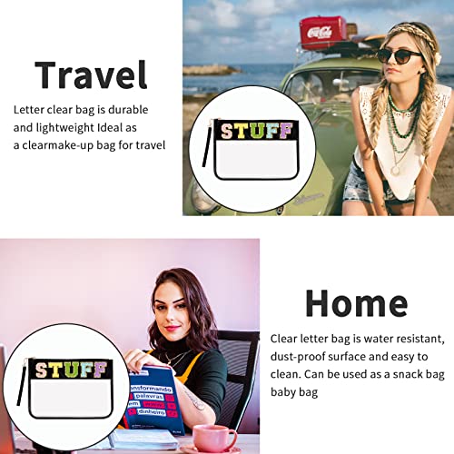 Iqimott Chenille Letter Clear Bag Stuff Pouch, Monogram PVC & PU Makeup Cosmetic Bag Zipper Toiletry Pouch, Waterproof Portable Purse Travel Beach Snack Wristlet Bags for Women Girls(Stuff, Black) - color: Stuff-Black