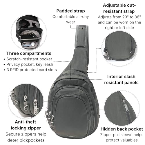 Baggallini Securtex® Anti-Theft Multi Zip Sling - Lightweight 8.6"x15.2" Travel Bag with Locking Zippers & RFID Protection - color: Charcoal