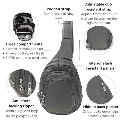 Baggallini Securtex® Anti-Theft Multi Zip Sling - Lightweight 8.6"x15.2" Travel Bag with Locking Zippers & RFID Protection - color: Charcoal