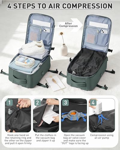WONHOX Vacuum Seal Backpack for Travel with Air Pump Compression Daypack Personal Item Carry on Flight Approved Vacpack Laptop Space Saver Bags Storage with Vacuum System Travel Bag Women Men Green