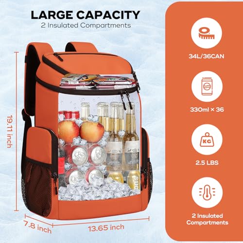 Maelstrom Backpack Cooler,36 Can Cooler Backpack,Soft Cooler Bag Insulated Leakproof,Lightweight Ice Chest Backpack,Travel Cooler Lunch Backpack for Camping,Hiking,Beach - color: Orange
