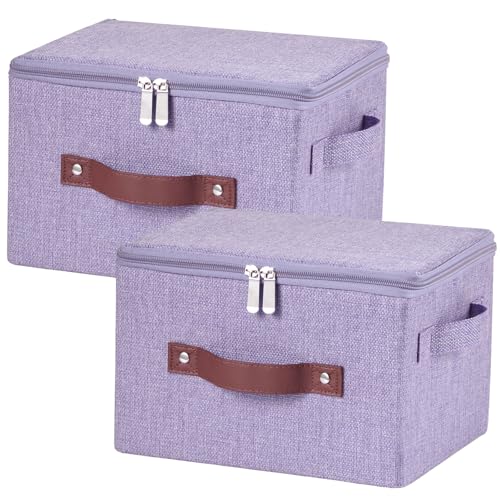 2 Pack Storage Bins with Zipper Lid Cotton Linen Fabric Lidded Storage Baskets Boxes Foldable Washable Closet Shelf Clothes Organizer Container with PU Leather Handles (Purple, Small) - color: Purple, size: Small ( Set of 2 )