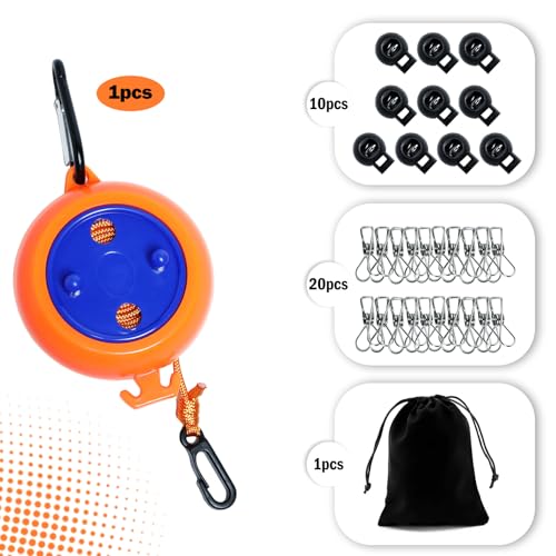 Camping Retractable Clothesline, Adjustable 32ft/10M Camping Clothesline, Portable Travel Clothesline with 20 Clothespins,10 Stoppers