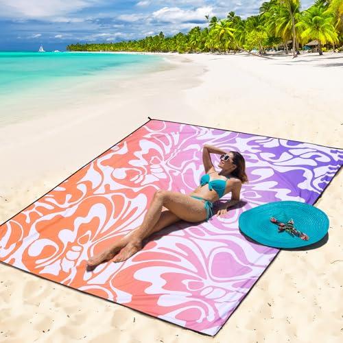 WIWIGO Beach Blanket Waterproof Sandproof Beach Mat 79" X 83"/10'x9'for 2-8 Adults Quick Drying Outdoor Picnic Mat Beach Accessories for Travel, Camping, Hiking - color: Big Flower-orange and Purple Gradient, size: 79" X 83"（1-4person）