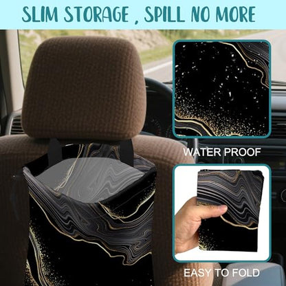 Car Garbage Bag Abstract Marble Golden Veins Drawstring Car Trash Bag Hanging for Back Seat with Adjustable Buckle Canvas Vehicle Trash Can Easy-to-Install - color: Abstract Marble Golden Veins