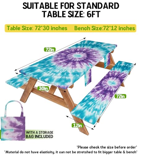 Picnic Table Cover with Bench Covers Waterproof Elastic Rectangle Tablecloth Camping Essentials Supplies Rv Car Travel Must Haves Gear Accessories Fitted Table Cloth Outdoor Road Trip Camper Gifts 6ft - color: Blue purple tie-dye, size: 72in