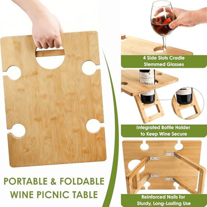 Youeon Portable Wine Picnic Table with 5 Wine Glasses Holder, Foldable Champagne Picnic Snack Table, Wine and Cheese Table for Picnic, Camping, Park, Beach, Wine Lover Gift