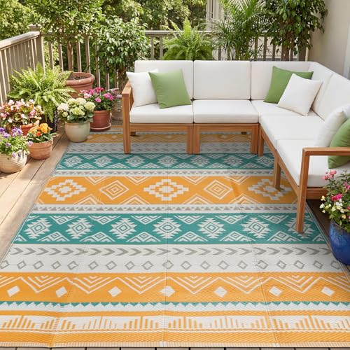 famibay Outdoor Rug Reversible Portable Plastic Straw Camping Rugs, Large Waterproof Outdoor Area Rugs for Patio, RV, Backyard, Deck, Balcony, Picnic, Beach 8x10 Yellow - color: Yellow, size: 8' x 10' (Rectangular)