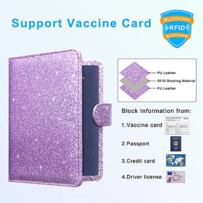 ACdream Unisex Faux Leather Passport and Vaccine Card Holder, Glitter Purple, RFID Blocking, Protects Valuable Information - color: Glitter Purple