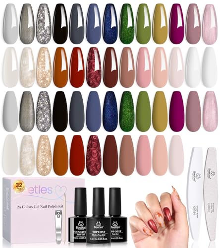 beetles Gel Polish Set - Gel Nail Polish Kit Gilded Veil 25 Colors Black White Burgundy Blue Nude Grey Green Glitters UV Led Nail Polish with Top Base Coat Soak off Nail Art Gift for Women - color: 0- Gilded Veil collection