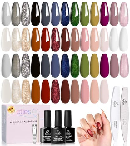 beetles Gel Polish Set - Gel Nail Polish Kit Gilded Veil 25 Colors Black White Burgundy Blue Nude Grey Green Glitters UV Led Nail Polish with Top Base Coat Soak off Nail Art Gift for Women - color: 0- Gilded Veil collection