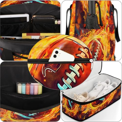 Travel Duffel Bag Football Fire Weekender Bag with Shoe Compartment Foldable Overnight Bags for Travel Sports Lightweight Gym Bags for Men Women - color: Football Fire