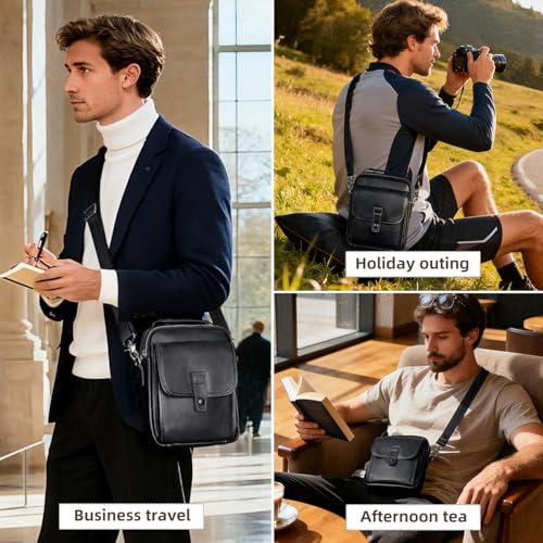 Augus Leather Small Messenger Bag For Men Crossbody Handbag Shoulder Sling Travel Bags for Men Purse Daypack Magnetic Buckle - color: Black-1