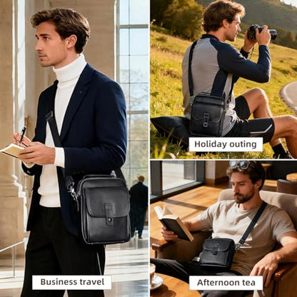 Augus Leather Small Messenger Bag For Men Crossbody Handbag Shoulder Sling Travel Bags for Men Purse Daypack Magnetic Buckle - color: Black-1