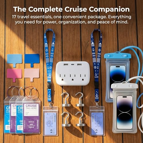 Cruise Essentials Kits, Cruise Must Haves Includ Non-Surge Power Strip, Magnetic Hooks, Cruise Luggage Tag Holder, Lanyard Holder, Phone Pounch, Phone Patches Cruise Ship Essentials 2026 - size: 17pcs Cruise Essentials Kit