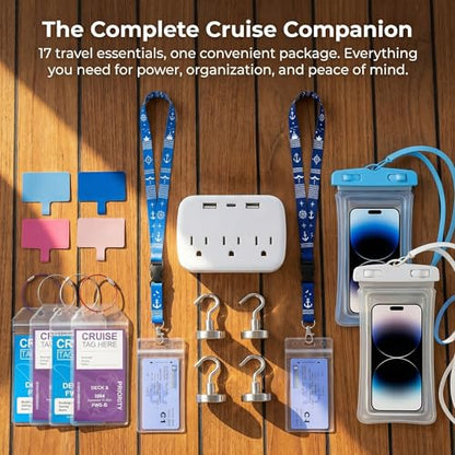 Cruise Essentials Kits, Cruise Must Haves Includ Non-Surge Power Strip, Magnetic Hooks, Cruise Luggage Tag Holder, Lanyard Holder, Phone Pounch, Phone Patches Cruise Ship Essentials 2026 - size: 17pcs Cruise Essentials Kit