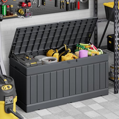 Devoko 78 Gallon Deck Box, Waterproof Resin Outdoor Storage Box for Outside and Patio, Outdoor Storage Bench Lockable for Patio Furniture, Garden Tools and Pool Supplies (Grey, 78 Gallon) - color: Grey, size: 78 Gallon 1 Pack