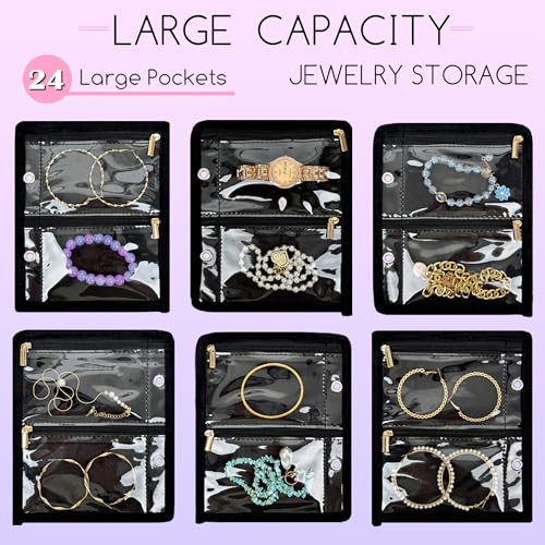 Travel Jewelry Organizer Case,Jewelry Bags for Traveling, Jewelry Binder with 24 Pcs Clear Zipper Velvet Pouches for Storing Earrings, Rings, Necklace, Bracelet, Watch (Black) - color: Black