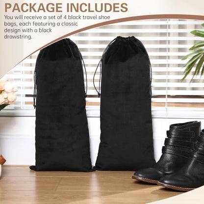 Amylove 4 Pcs Flannel Cloth Shoe Bags for Travel, 8 x 17 Inches Dust Pouch with Drawstring Closure, Washable Breathable Cotton Fabric for Luggage (Black) - color: Black
