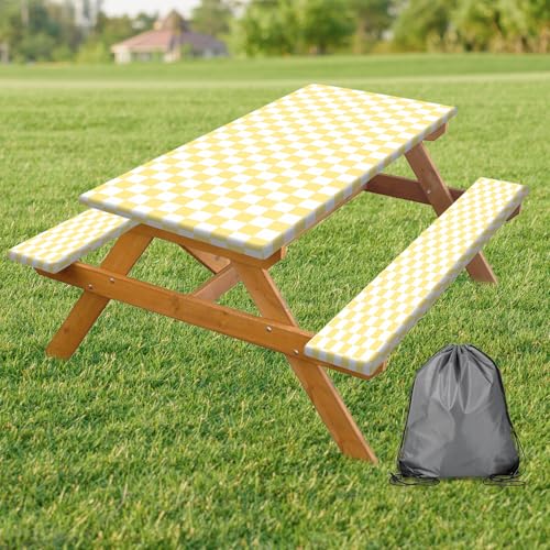 Picnic Table Cover with Bench Covers and Bag, Yellow White Checkered Gingham Buffalo Plaid Camping Tablecloth Waterproof Windproof Elastic Edges Fitted Tablecloths for Outdoor Garden 3PCS 30x60 Inch - color: Gingham-yellow and White, size: 30" x 60"