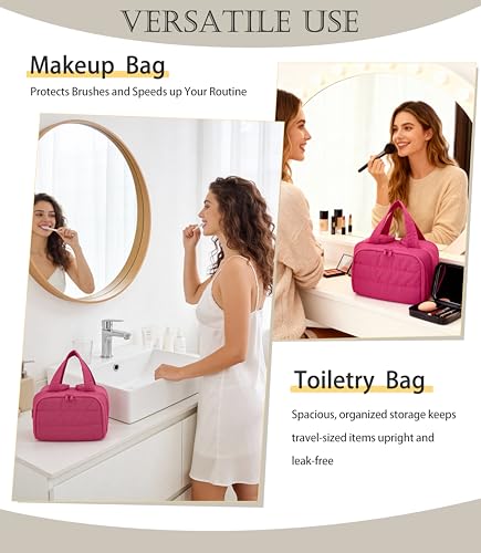 Travel Toiletry Bag for Women, Large Wide-open Puffy Cosmetic Makeup Bag with Wet-Dry Separation, Multi-Pocket Organizer with Carry Handle for Toiletries, Cosmetics, Essentials, Rose Red - color: Rose Red