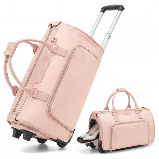 Fanwoli Carry-On Rolling Garment Bag for Travel, 3-in-1 Wheeled Luggage with Shoe Storage & Detachable Organizer, Convertible Duffel Bag for Men Women Business Trips Weekender, Wrinkle-Free (Pink) - color: Pink