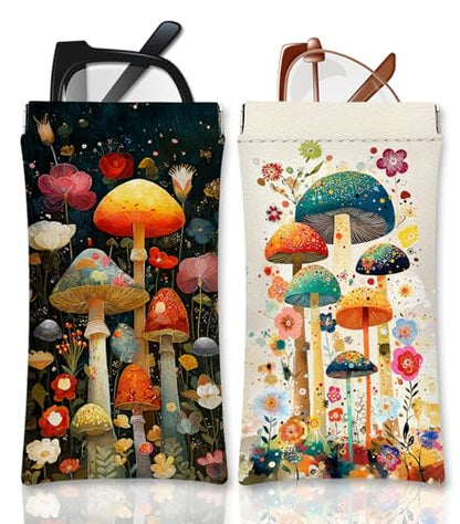 Eyeglasses Sunglasses Case PU Soft Squeeze Top Glasses Pouch for Women Student,Floral Pattern Portable Anti Scratch - color: Brown-mushrooms06