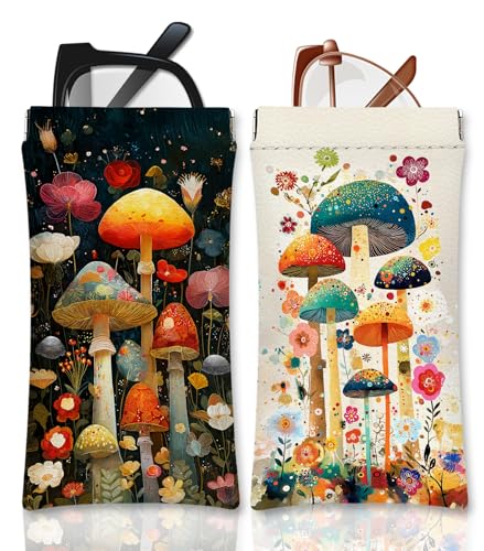 Eyeglasses Sunglasses Case PU Soft Squeeze Top Glasses Pouch for Women Student,Floral Pattern Portable Anti Scratch - color: Brown-mushrooms06